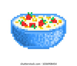 
Big blue bowl of cornflakes served with milk and fresh strawberries, 8 bit pixel art icon isolated on white background.
Dry muesli mix. Homemade healthy breakfast idea. Quick and easy dessert recipe.