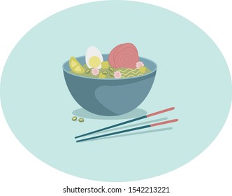 Big blue bowl of Japanese ramen soup with pork, egg and leek. Traditional Asian dish with chopsticks on light blue background. Can be used for topics like Asian cuisine, restaurant, food