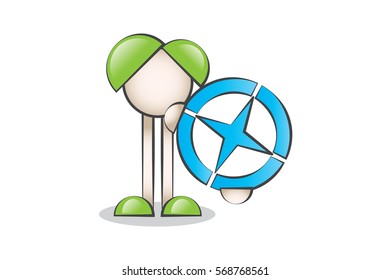 Big Blue Compass and Cartoon Characters. Direction Finding.
