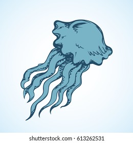 Big blue curve hydrozoa blubber nettle-fish isolated on white backdrop. Freehand outline ink hand drawn picture sketchy in art retro scribble style pen on paper. Closeup view with space for text
