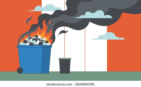 Big blue dumpster filled with burning waste releases thick black smoke clouds against a red and white background.