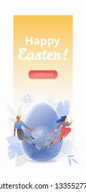 Big blue Easter egg with tiny people around. Easter world celebration metaphor. Modern flat design with gradients.