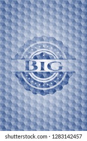 Big blue emblem with geometric background.