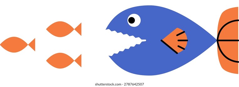 Big blue fish chasing small orange fish vector illustration. Business competition, market dominance, survival, corporate takeover, risk, growth strategy. Large predator hunting tiny prey