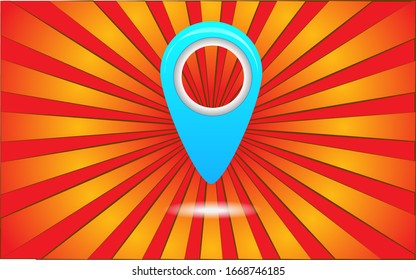 Big blue geolocation label on a background of abstract red rays. Vector illustration.