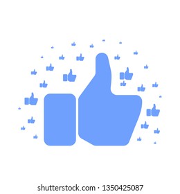 Big Blue Hand Showing Thumb Up with Small Ones Around on White Background. Like Icons in Social Media Networks Pattern. 