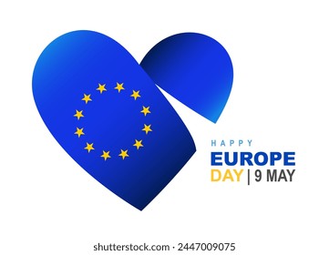 Big blue heart with 12 five-pointed yellow stars is a symbol of the flag of Europe. Happy Europe Day on May 9th. Vector illustration on a white background.