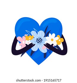 A big blue heart holds a beautiful bouquet of flowers in its hands. Love symbol with bouquets in hands. Vector cartoon character illustration isolated on white background.