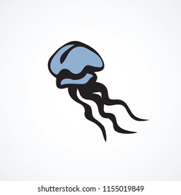 Big blue hydrozoa blubber nettle-fish on white backdrop. Freehand outline ink hand drawn sealife emblem pictogram sketchy in art retro scribble style pen on paper. Closeup view with space for text