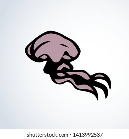 Big blue hydrozoa blubber nettle-fish on white backdrop. Freehand line purple ink hand drawn sealife emblem pictogram sketchy in art retro scribble style pen on paper. Closeup view with space for text