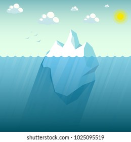 Big blue iceberg floating on water waves with underwater part vector illustration flat cartoon style. Sunny weather and blue sea.