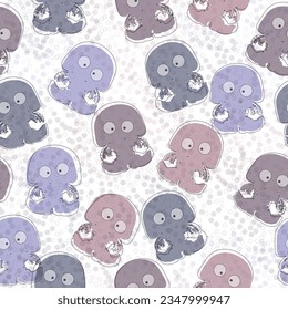 Big blue jellyfishes under water. Seamless pattern with Hand drawn digital illustrations of ocean life