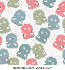 Big blue jellyfishes under water. Seamless pattern with Hand drawn digital illustrations of ocean life