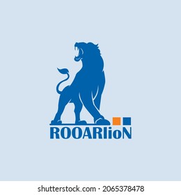 big blue lion roaring logo, silhouette of standing lion vector illustrations