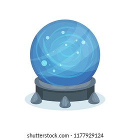 Big blue magic ball on gray stand. Crystal sphere with sparkles inside. Flat vector for mobile game or children book