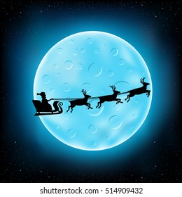 Big blue moon with craters and flying Santa Claus with reindeer on night stars background
