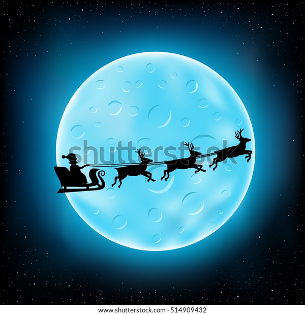 Big blue moon with craters and\
flying Santa Claus with reindeer on night stars\
background