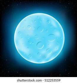 Big blue moon with craters night stars background