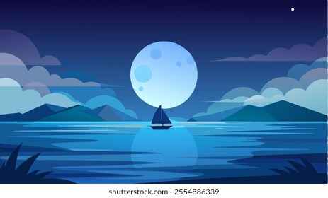 Big blue moon with blue panorama's for your wallpaper background, child book cover or your design