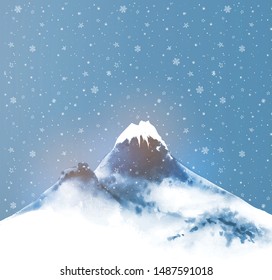 Big blue mountain, night sky and snowfall. Winter illustration