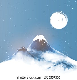 Big blue mountain in snow and night winter sky with stars and the Moon.