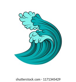 Big blue ocean wave with black outline isolated on white background. Stormy sea water. Isolated vector design