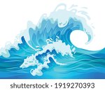 Big blue ocean wave flat vector illustration