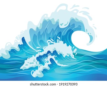 Big blue ocean wave flat vector illustration