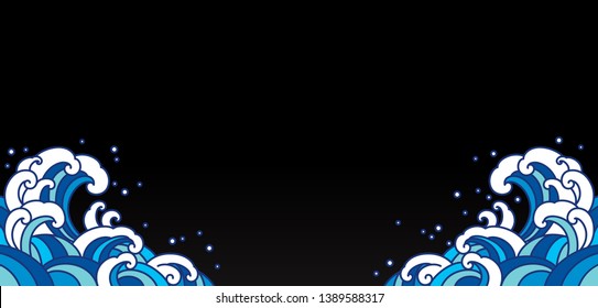 Big blue ocean wave. Line vector isolated on black background and corner position. Corner ornate design.