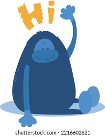 Big blue oranguta character funny hi monkey hand waving cute kids Tshirt illustration 