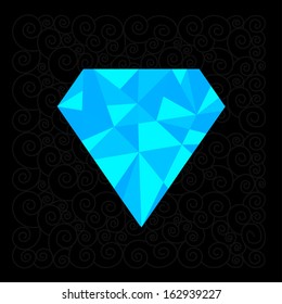 Big blue polygonal diamond on the black background. Vector illustration.