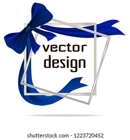 big blue realistic 3d bow with silver frames, banner with place for text, vector design