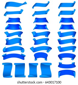 Big Blue Ribbons Set, Isolated On White Background, Vector Illustration