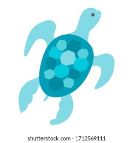 Big blue sea turtle in flat style. Vectra clip art, sticker, nautical theme. Design underwater world and aquariums. Cute turtle is swimming isolated on a white background in cartoon style. Prints for