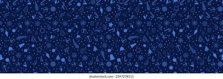 Big Blue Seamless Christmas Pattern filled with xmas decorations. Fun Christmas Pattern of xmas ornaments and icons. For backgrounds, presentations, wrapping papers, prints, artworks. EPS 10.