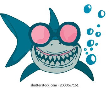 big blue shark with glasses smiling with full mouth