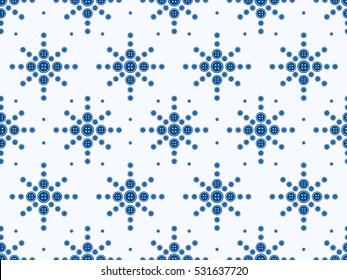 Big blue snowflakes from buttons. Seamless vector pattern.