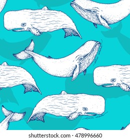 Big blue and sperm whales - vector hand drawn seamless pattern design. Huge swimming aquatic mammal ink sketch