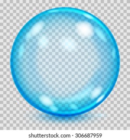 Big blue transparent glass sphere with glares and shadow. Transparency only in vector file