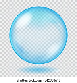 Big blue transparent glass sphere with glares and shadow. Transparency only in vector file