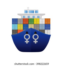 Big blue transport ship with a lot of containers cargo, female signs like anchors, women support original concept, vector eps10 illustration isolated on white background