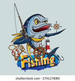 A big blue tuna carrying a fishing rod surrounded by things that are symbolic of the sea. e.g. lifebuoy, anchor, lighthouse, helm, compass. Vector illustration can be used to create logos and emblem