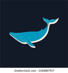 Big blue whale cartoon animal design biggest mammal on the earth flat vector illustration isolated on dark background