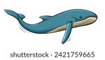 Big blue whale in cartoon retro style. Vector isolated illustration.