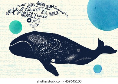big blue whale and cosmic space theme art lettering inscriptions with watercolor stains.
