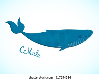 Big blue whale floating right with an inscription, the inhabitant of the underwater world, beautiful vector illustration in realistic style