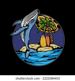 big blue whale flying on the ocean illustration