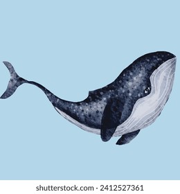 Big blue whale. Hand-drawn watercolor illustration 