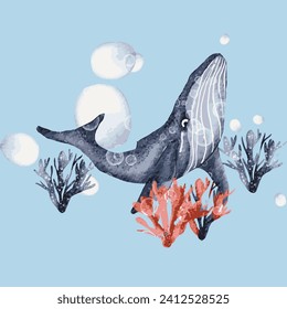 Big blue whale. Hand-drawn watercolor illustration 