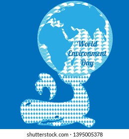 A big blue whale holds a globe on its tail.
